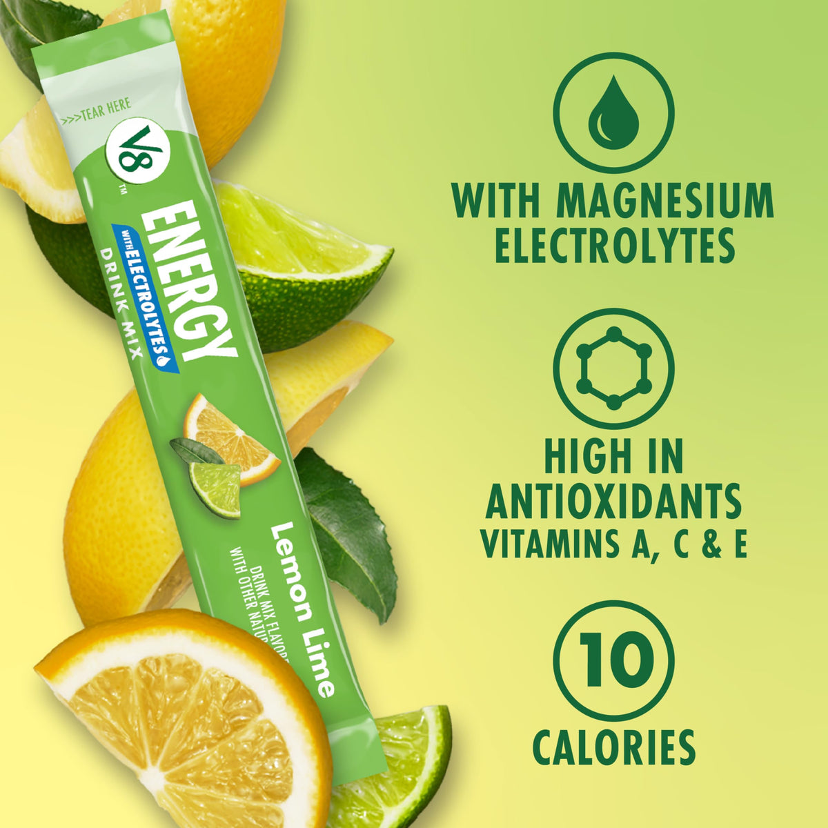 Energy Lemon Lime Energy Drink Powder by V8 – Pack of 10 (0.14 Ounce), Model 200000029725