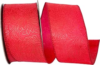Reliant Ribbon Leaf Scroll Embossed Wired Edge, Red, 2-1/2 Inch, 10 Yards