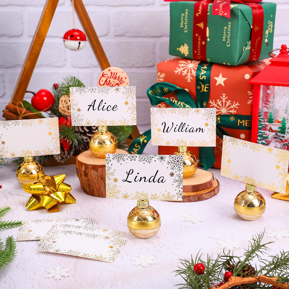 Whaline Ball Ornament Place Card Holders, Gold Snowflake, 12 Pack