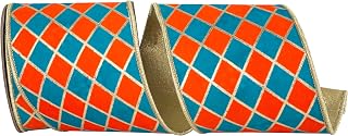Reliant Ribbon Diamond Elite Metallic Outline Deluxe Wired Edge, Orange/Turquoise, 4 Inch, 5 Yards