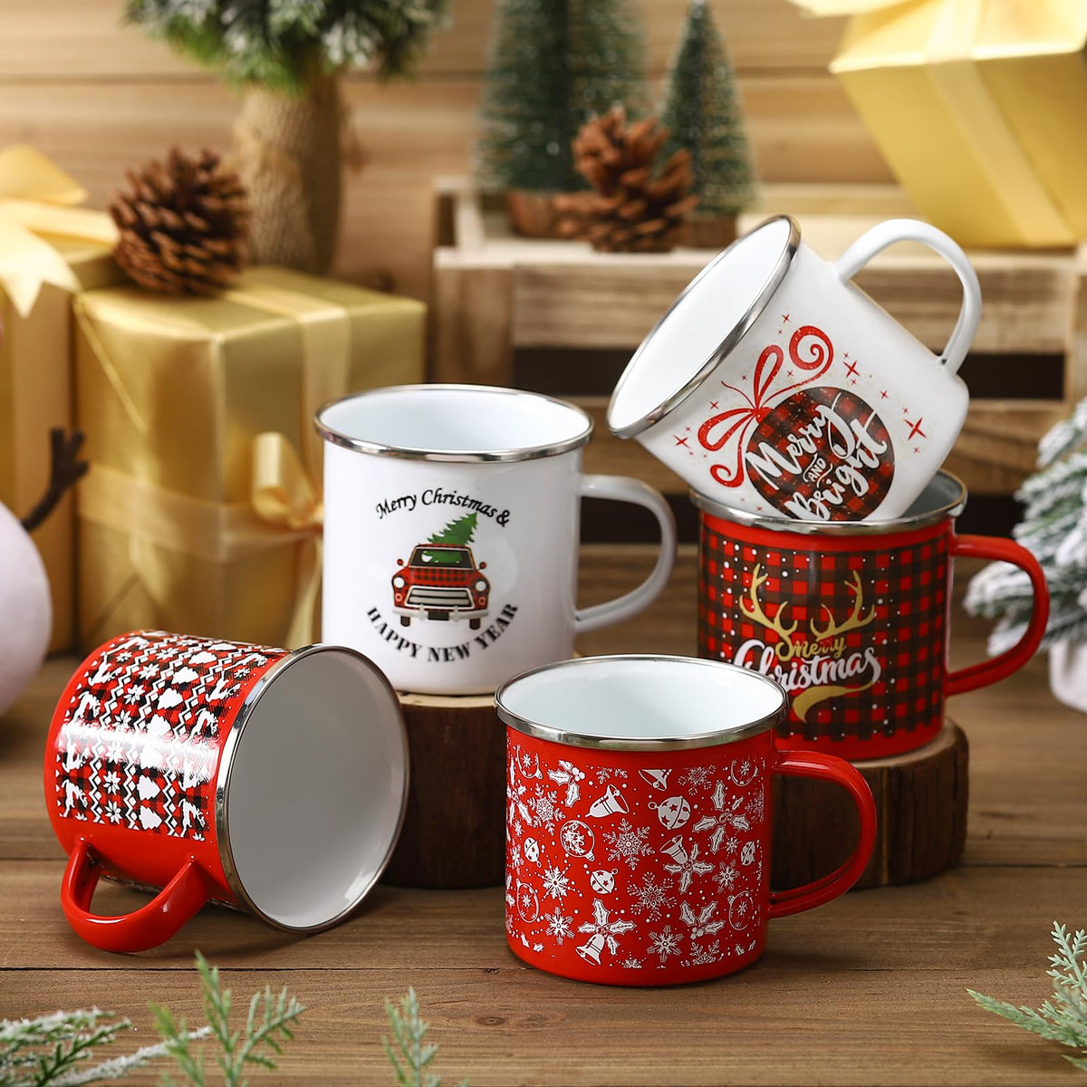 Suttmin Enamel Holiday Mugs, 12 oz, Set of 12, Red and White