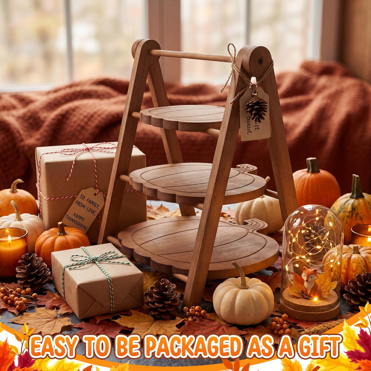 Marsui Pumpkin Tiered Serving Set, Wooden Platters in 12 10 8 Inch Sizes, Brown