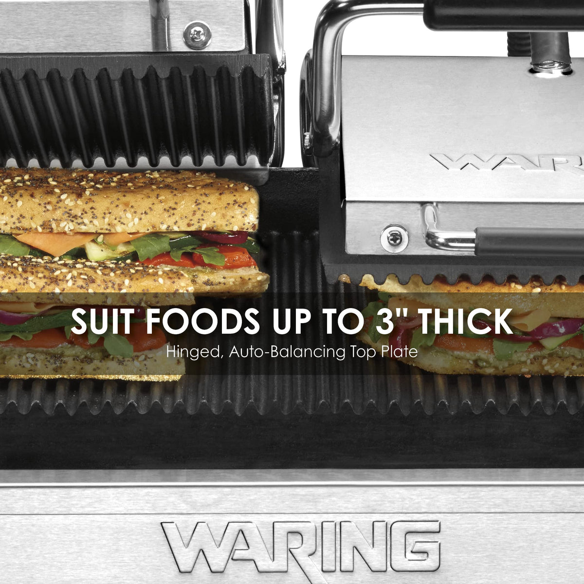 Panini Press with 17" x 9.25" Cooking Surface & Ribbed Plates by Waring – Large and Dual Cooking Surface Machines, Stainless Steel, Silver, Model WPG300