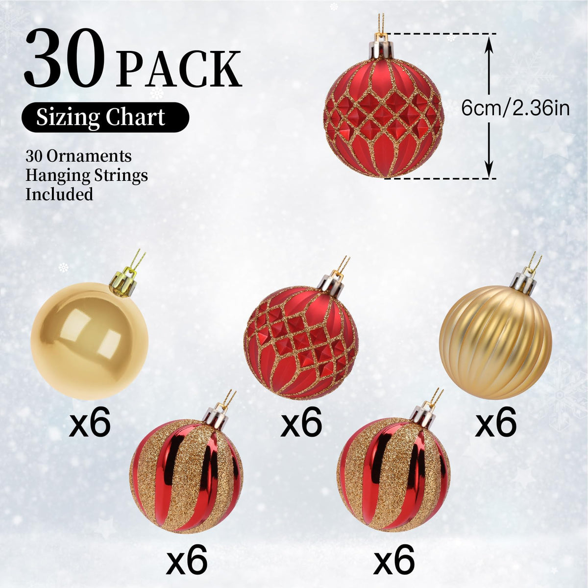 Shareconn Christmas Ball Ornaments, 2.36 Inch, Red and Gold, 30 Count