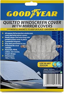 Goodyear Quilted Windscreen Cover Sun Shade with Mirror Covers – 3 Magnets, All-Season Windshield Protection, Universal Fit, Elastic Straps & Long Side Panels – 146x119cm