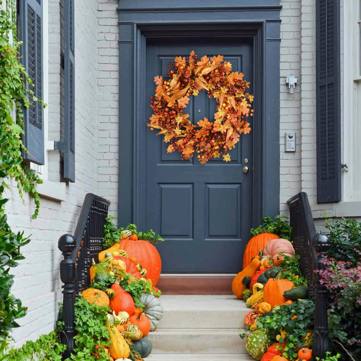 BHHDA Autumn Wreath, 24 Inch Berry Maple Leaf, Fall Decor