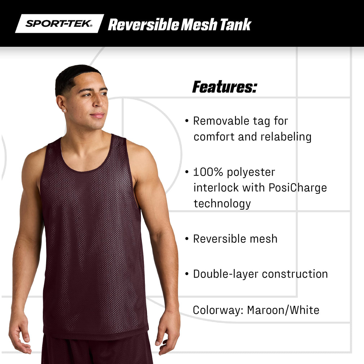 PosiCharge Reversible Mesh Tank | Gym Fashion for Men & Women by SPORT-TEK – Large, Black/ White, Model ST5000