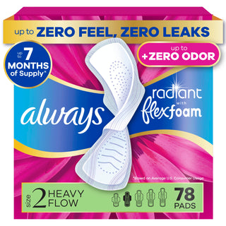 Radiant Feminine Pads for Women by Always – Heavy (Size 2), Foam, White, Model 4332404264