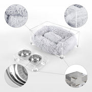 Billie 24" x 15.75" Small Modern Lucite Pet Bed with Washable Cushion and 4" Elevated Pet Feeder with 27 oz 2-Stainless Steel Bowls by THE LICKER STORE – Model DBD2001A-2SET