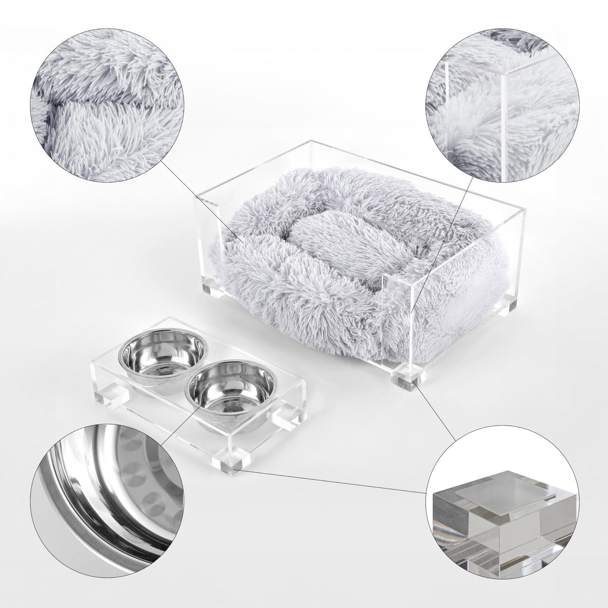 Billie 24" x 15.75" Small Modern Lucite Pet Bed with Washable Cushion and 4" Elevated Pet Feeder with 27 oz 2-Stainless Steel Bowls by THE LICKER STORE – Model DBD2001A-2SET
