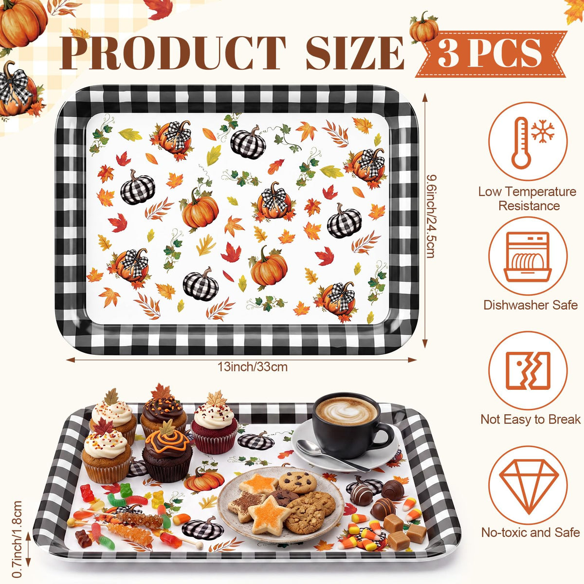 Vesici Melamine Serving Trays, 13 x 9.6 Inch Set of 3, Buffalo Plaid Pumpkin