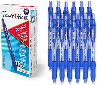 Paper Mate Profile Ballpoint Pens, Retractable, Medium Point (1.0mm), Blue Ink, 12 Count - Office Supplies, Comfortable Grip, Everyday Writing