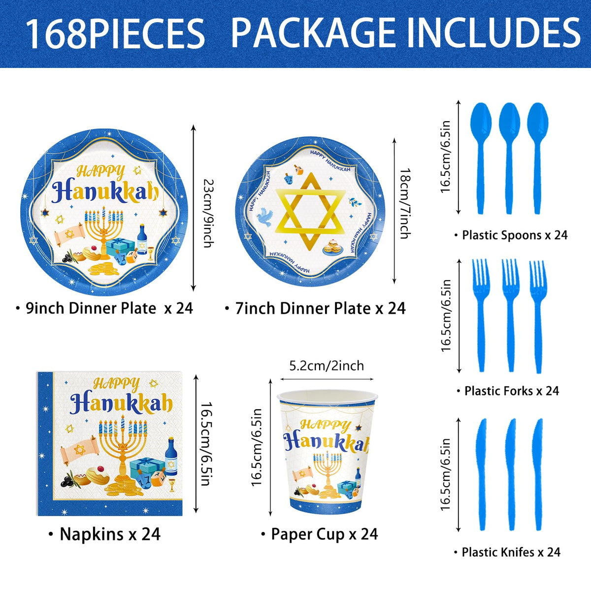 JVORFDG Hanukkah Party Plates And Napkins Set, 168 Pieces For 24 Guests