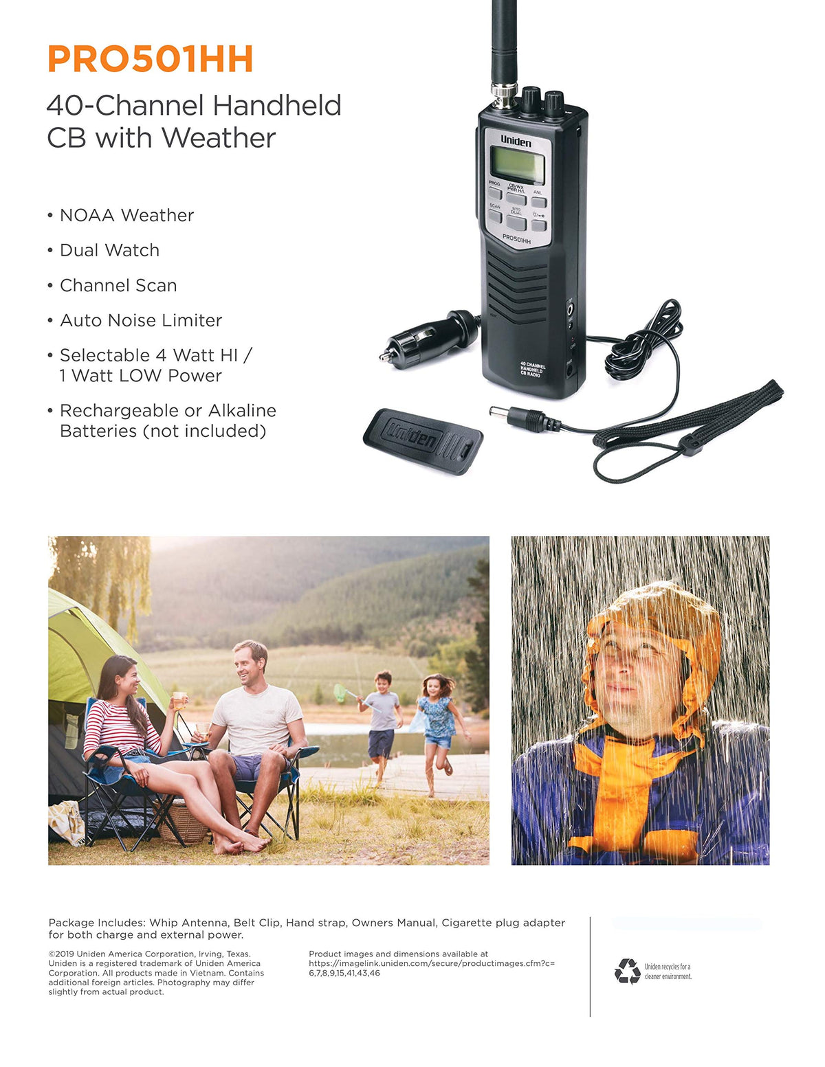 Pro-Series 40-Channel Portable Handheld CB Radio by Uniden – Black, Model PRO501HH