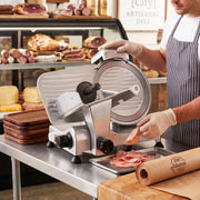 10' Gravity-Feed Meat Slicer by Global Solutions – 18 7/8 in. W x 14 5/8 in. D x 14 1/4 in. H, Stainless Steel, Silver, Model GS1601