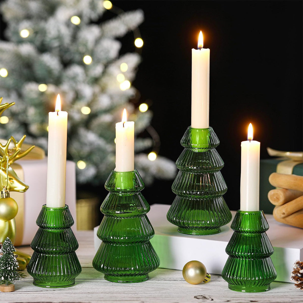Leinuosen Glass Candlestick Set, Tree Shape, Green, 4 Pieces