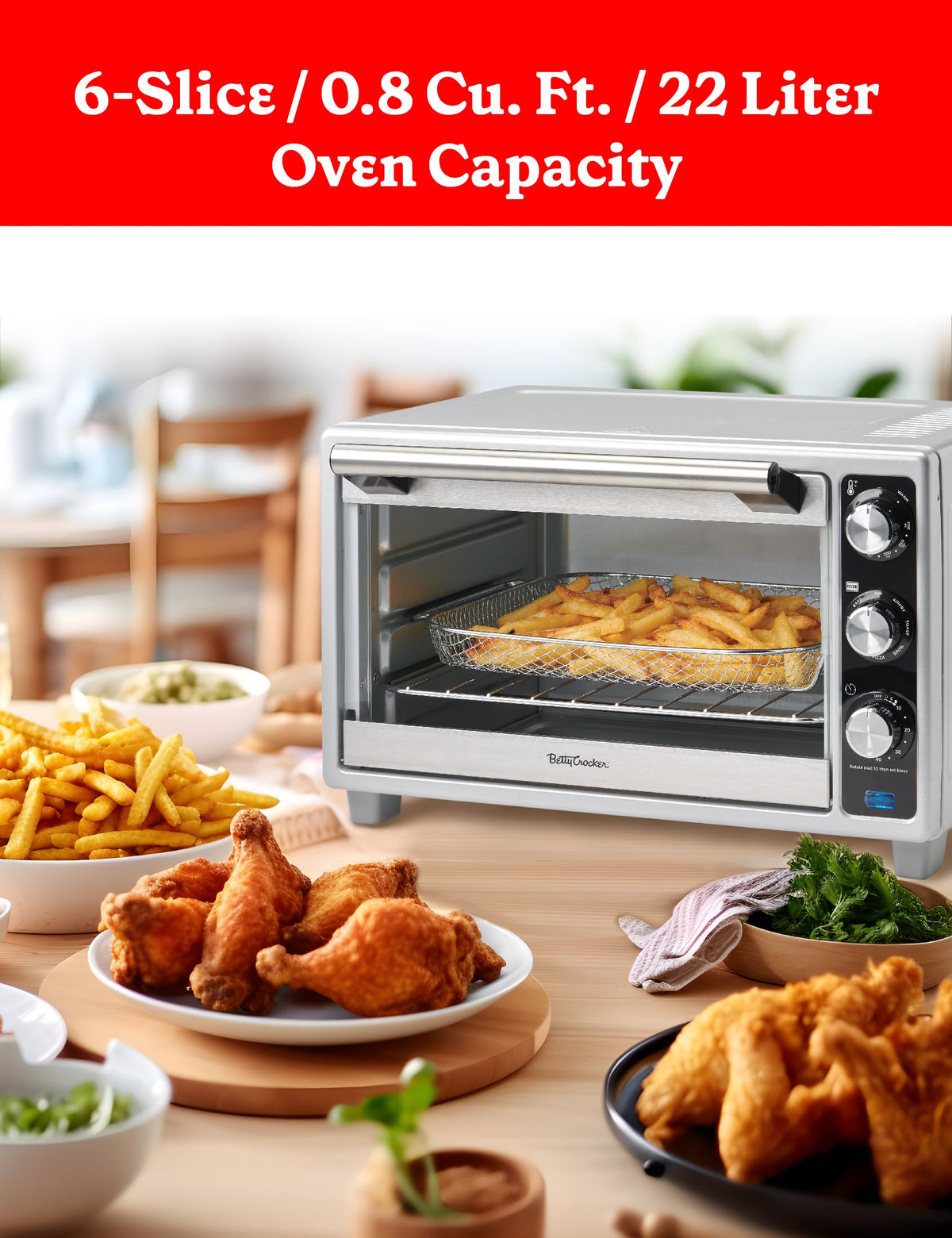 Air Fryer Convection Toaster by Betty Crocker – 6-Slice, 0.8 cubic_feet, Stainless Steel, Silver, Model BC-4637S