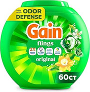 Gain Flings Liquid Washing Detergent Pacs, Now with Odor Defense + Color Guard, Original Scent, 4-In-1 Liquid Laundry Detergent Pods, Clean & Fresh, 60 Count (Packaging May Vary)