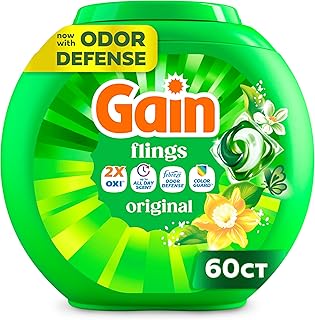 Gain Flings Liquid Washing Detergent Pacs, Now with Odor Defense + Color Guard, Original Scent, 4-In-1 Liquid Laundry Detergent Pods, Clean & Fresh, 60 Count (Packaging May Vary)