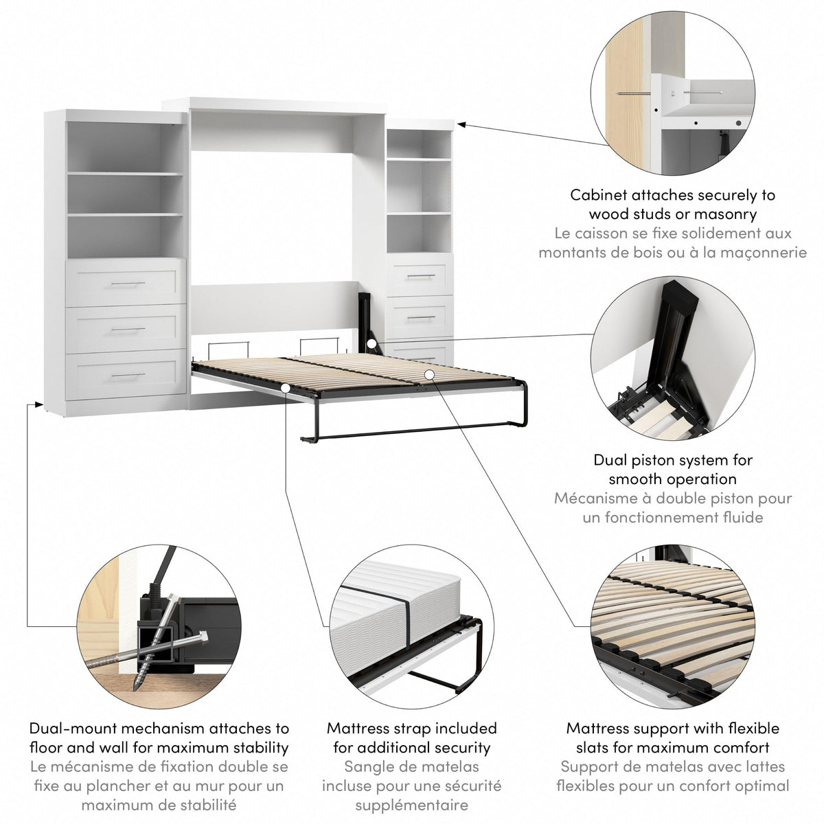 Queen Murphy Bed and 2 Shelving Units with Drawers by Bestar – Queen, Engineered Wood, Linen White Oak, Model 26879-17
