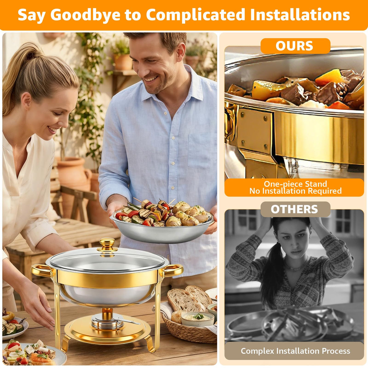 Hetorosu Round Chafing Dish Set, 5 Quart Capacity, Gold 4 Pack