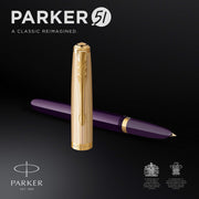 51 Fountain Pen | Deluxe Plum Barrel with Gold Trim | Fine 18k Gold Nib with Black Ink Cartridge | Gift Box by Parker – 1 Count (Pack of 1), Resin, Plum, Model 2123516
