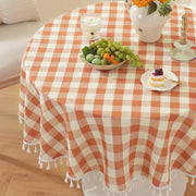 Laolitou Checkered Round Tablecloth, 60 Inch with Tassels, Orange