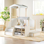Guidecraft EdQ Toddler Kitchen Loft - White: Multi-Level Birch Wood Indoor Kids' Climbing Loft with Pretend Play Kitchen, Sink, Stove and Storage with Bins for Classroom & Daycare | Ages 18M+