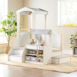 Guidecraft EdQ Toddler Kitchen Loft - White: Multi-Level Birch Wood Indoor Kids' Climbing Loft with Pretend Play Kitchen, Sink, Stove and Storage with Bins for Classroom & Daycare | Ages 18M+