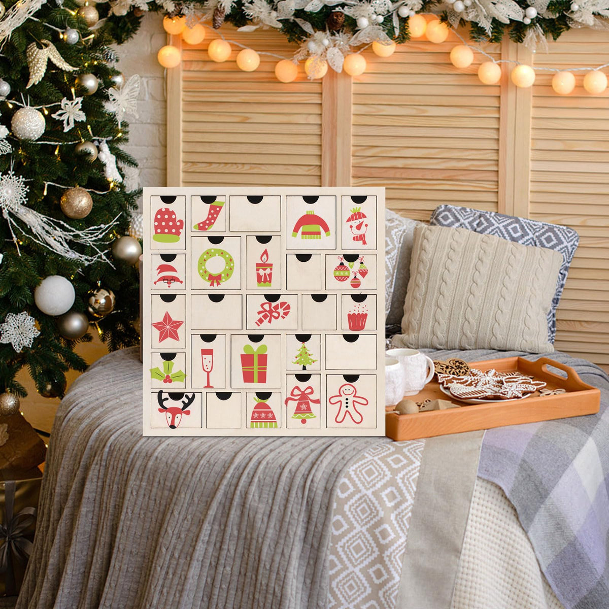 CCINEE Wooden Advent Calendar, 25 Drawers, Natural Wood