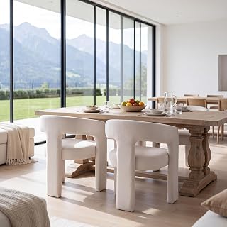 Modern Barrel Dining Chairs Set of 2, Upholstered Kitchen Chairs with Arms Comfy Fabric Side Chair for Living Room/Dining Room/Reception, Linen-Like Cream