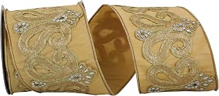 Reliant Ribbon 93441W-035-10D Dupoine Regal Jewel Scroll Trim Embroidery Wired Edge Ribbon, 4 Inch X 5 Yards, Gold