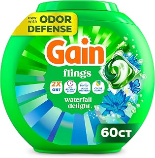 Gain Flings Liquid Washing Detergent Pacs, Now with Odor Defense + Color Guard, Waterfall Delight Scent, 4-In-1 Liquid Laundry Detergent Pods, clean & fresh, 60 Count