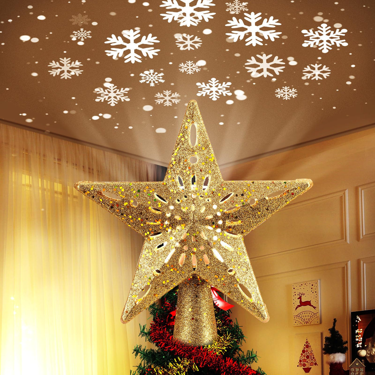 Brightown Lighted Star Tree Topper, 10 Inch Golden with Snowflake Projector