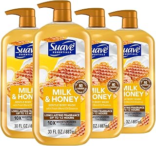 Suave Essentials Gentle Body Wash, Milk & Honey With a Sweet Oil Blend Essence, Infused with Vitamin E & Honey Extract 30 oz, 4 count