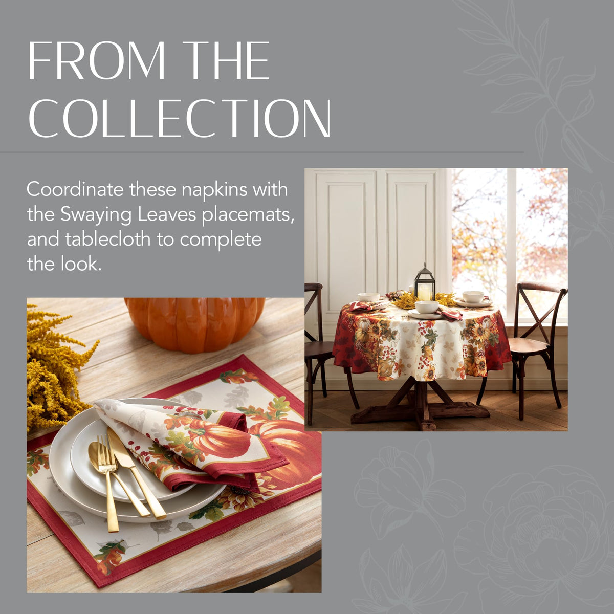 Elrene Swaying Leaves Napkins, 17 x 17 Inches, Set of 8
