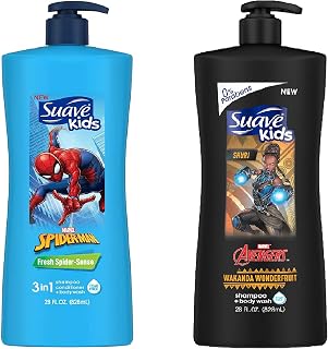 Suave Kids Shuri Wakanda Wonderfruit Shampoo + Body Wash Kids Fresh Spider-Sense 3 in 1 Shampoo Conditioner Body Wash, 28 FL.OZ (828 ml) EACH