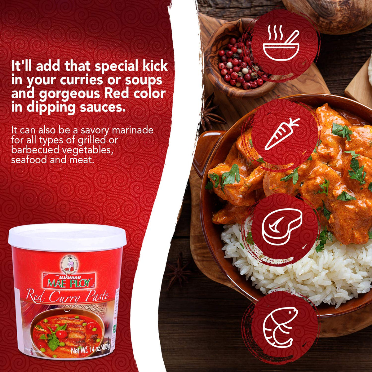 Mae Ploy Red / Red Curry Paste / 14 Ounce (Pack of 1) Curry Sauce