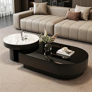 Contemporary Chic Sintered Stone Nesting Coffee Table Set of 2 with Drawer | Mesa de Centro para Sala with Storage, Multi-Purpose Accent Center Table for Living Room & Office(A,100cm/39.4in)