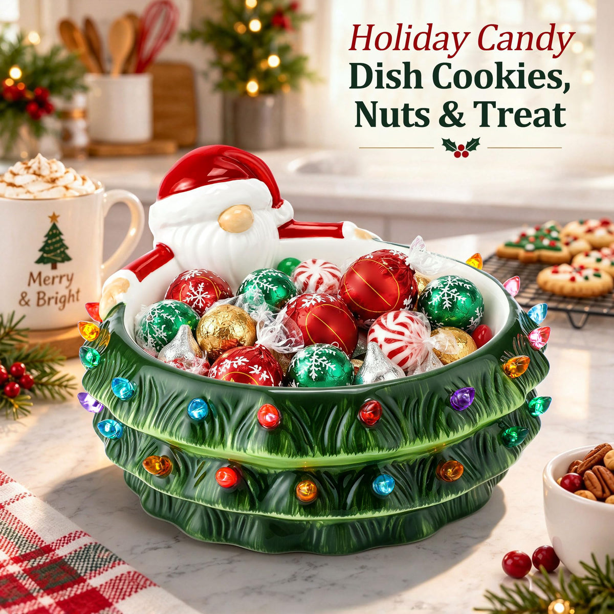 Saillong Ceramic Gnome Candy Bowl, 44 Oz, Holiday Design