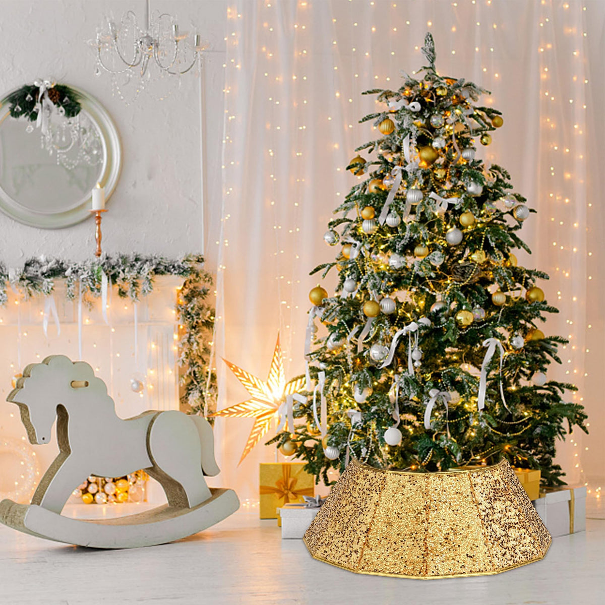 Blissun Christmas Tree Collar, Sequin Fabric Ring, Bright Gold, 15 x 25.6 Inch