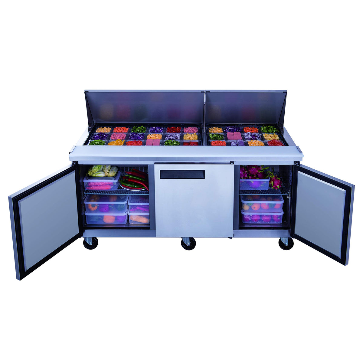 3-Door Commercial Food Prep Table Refrigerator in Stainless Steel by Dukers – 72 1/4" x 31 1/2" x 45 5/8", 17.5 cubic_feet, Stainless Steel, Model DSP72-30M-S3