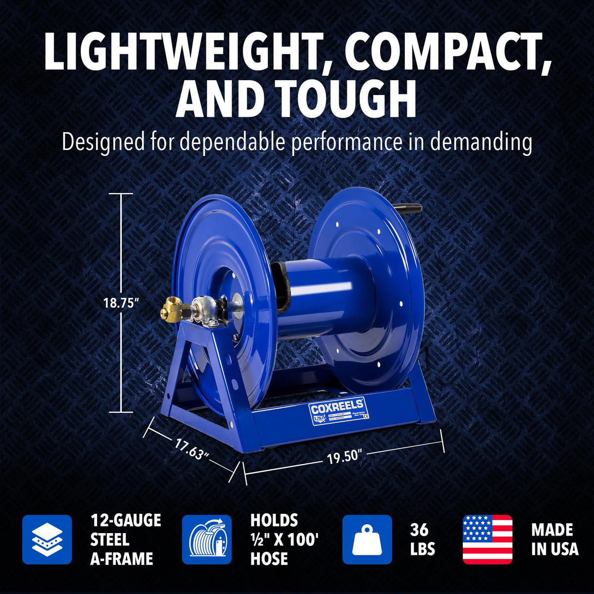 Hand Crank Steel Hose Reel by COXREELS – 1/2" x 100', Steel, Blue, Model 1125-4-100