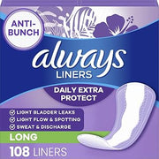 Always Panty Liners for Women Anti-Bunch Xtra Protection Daily Liners, Long, Unscented, 108 Count