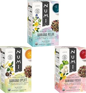 Numi Organic Damiana Herbal Tea Variety Pack - Relax, Focus & Uplift with Damiana, Butterfly Pea Flower, Lemon Balm, Gingko (Pack of 3), 16 Count Herbal Tea Bags