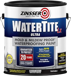 Zinsser WaterTite Mold & Mildew White Waterproofing Paint | Basement Wall Protection, Mold And Mildew Resistant, Interior Masonry Surfaces, Prevents Water Seepage, 1 Gallon