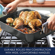 Rachael Ray Steel Roasting Pan with Rack, 16.5 x 13.5 Inch, Gray