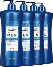Suave Men Ocean Charge 2 in 1 Refreshing Shampoo & Conditioner with Pro Vitamin B5, Hydrates & Revitalizes Hair, Ocean Fresh Scent, 4 Count, 28 FL OZ Pump