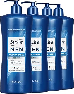Suave Men Ocean Charge 2 in 1 Refreshing Shampoo & Conditioner with Pro Vitamin B5, Hydrates & Revitalizes Hair, Ocean Fresh Scent, 4 Count, 28 FL OZ Pump