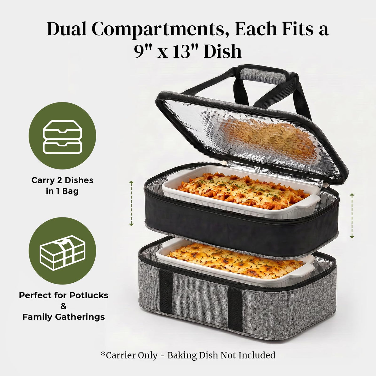 DOWAN Insulated Casserole Carrier, Double Decker for 9x13 Dishes, Grey